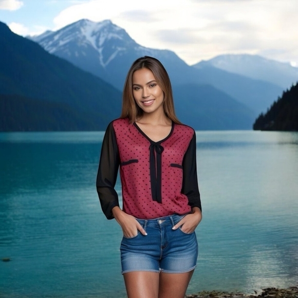 Women Top ANA A New Approach Black Red Polka Dot Sheer Blouse Long Sleeve Shirt - Picture 1 of 6